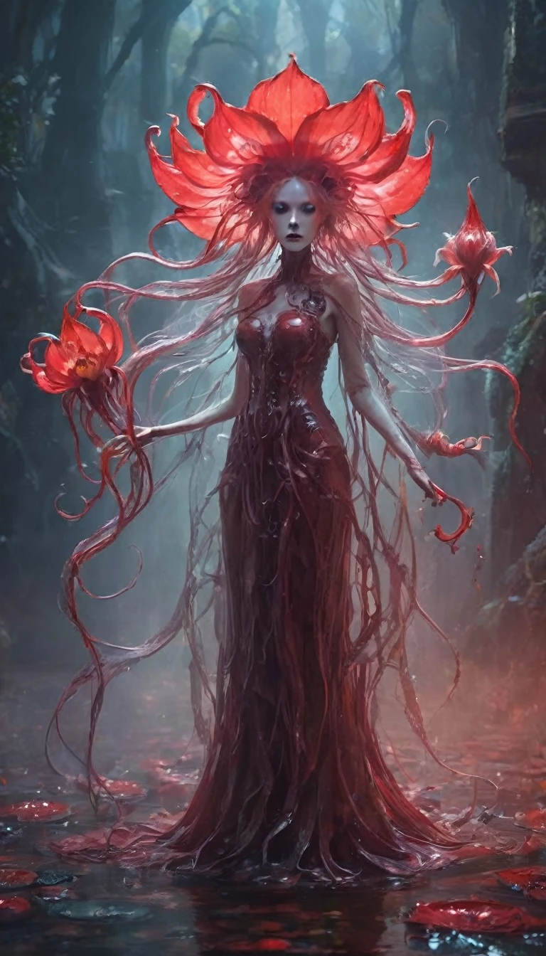 Magic plantloody ghost flower from the abyss, Ghost Flower,Blood-red tentacles stare at the dead,Enchantment,uncanny,terror