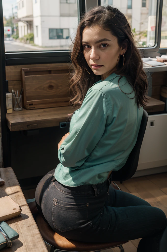 ((best qualityer)), ((work of art)), (detailded), 1 girl, in the office, notebook, sitting on the chair, TABLE WITH CHAIRS, Armchairs, café, wood desk, big fit ass, glass window, INTERNAL PART OF THE CAR, and camISA DE GOLA, social shirt, light green shirt, button-up shirt, BLACK PANTS, Portrait of a BRAZILIAN woman, sexy looking with WAVY hair, shorth hair, hazel eyes, with fluttering covers, perfect composition, hyper realist, Super detailded, 8K, high qualiy, trending art, trends on artstation, sharp focus, studio photo, details Intricate, altamente detailded, art by greg rutkowski, hoop earings, relogio no pulso, sketch, SIDE camera, looking at side, large glass window, alone outside, NOTE BOOK NA MESA