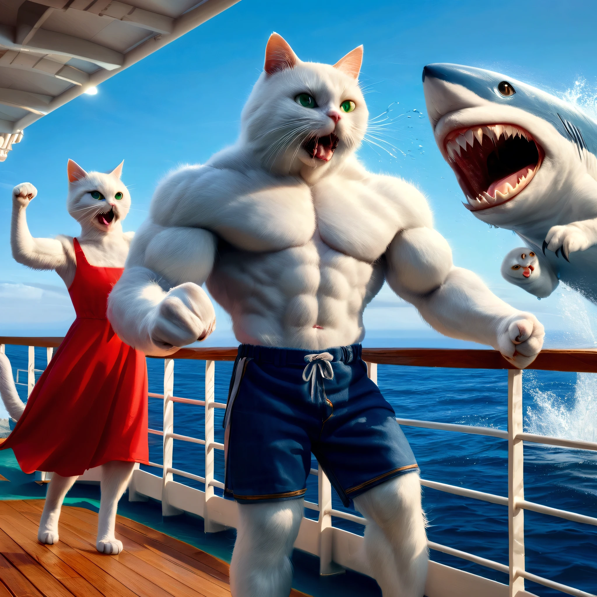 muscular cat,cat punching shark,highly detailed,photorealistic,8k,hyperrealistic,realistic fur,dynamic action pose,powerful muscles,sharp claws,teeth bared,splashing water,underwater scene,ocean background,blue green colors,dramatic lighting