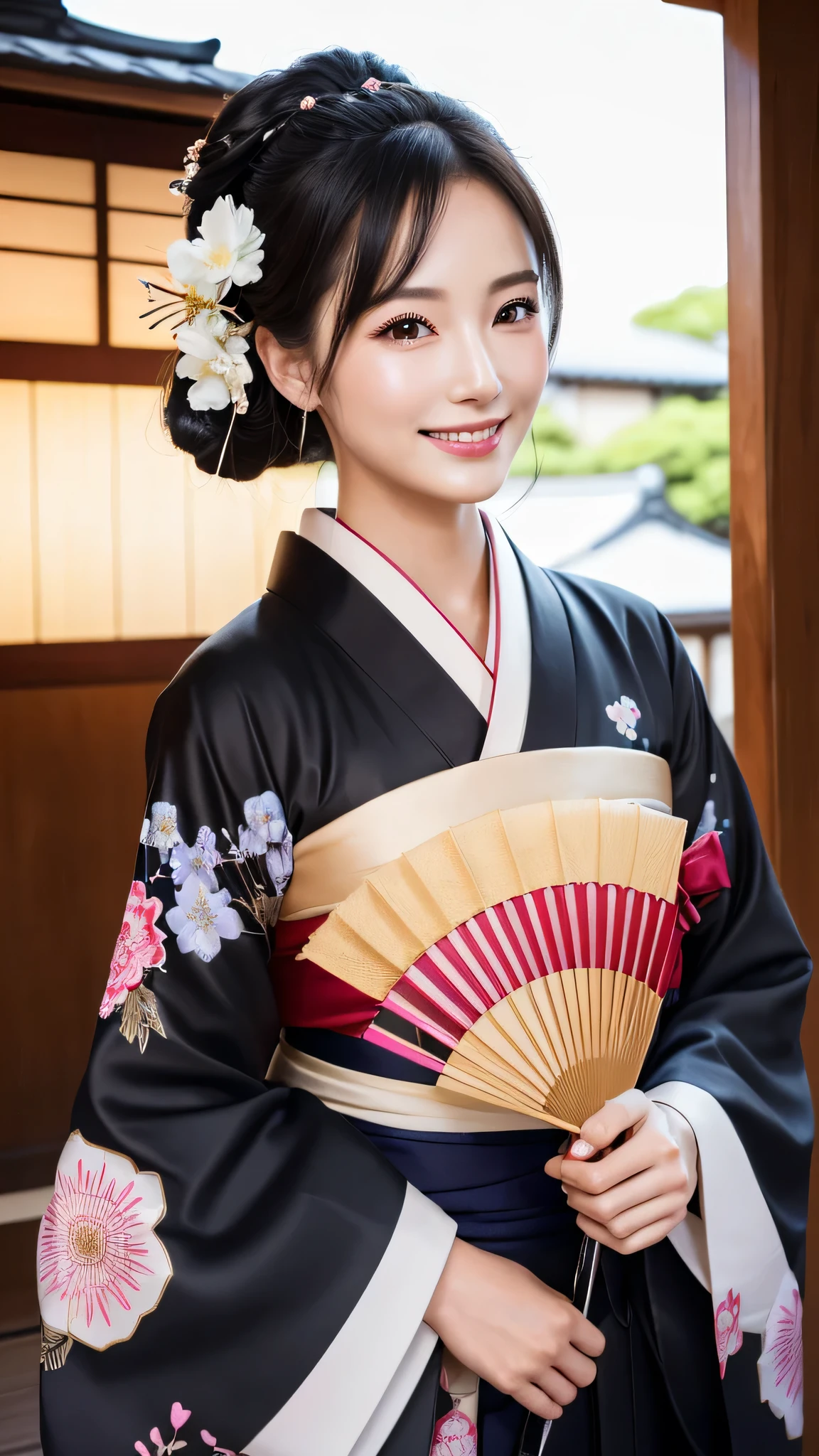 (Super beautiful woman in kimono)、((highest quality、8K masterpiece:1.harp focus:1.2、(subeautiful face:1.0)、(shiny skin:1.0)、realistic pictures、black hair、video lighting、High resolution eyes and face、video lighting、japanese actress、from the front、with a happy smile、whole body、wearing a kimono、in Kyoto、(luxury obi)、with a fan