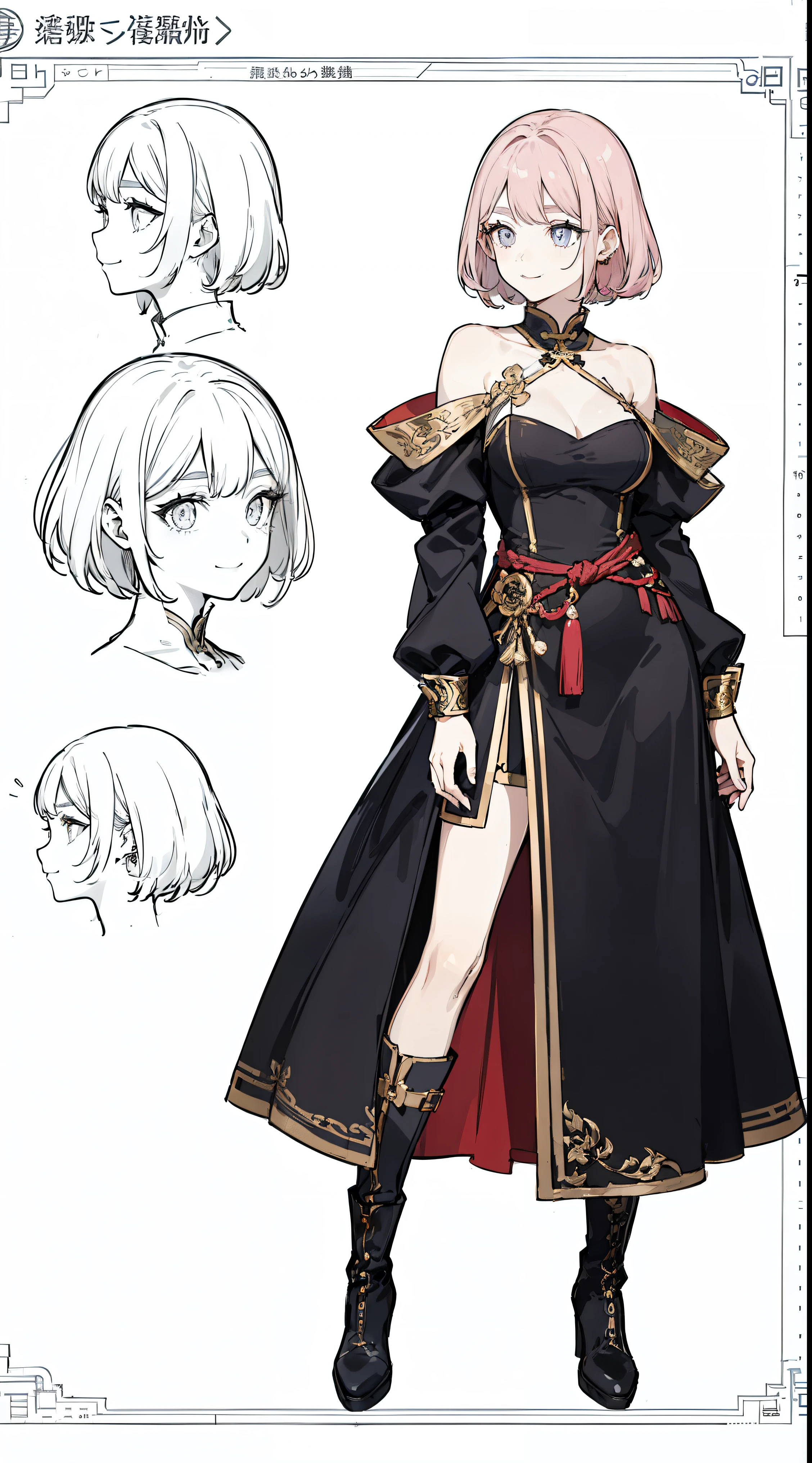 I&#39;I повернусь，profile，smile，simple black cheongsam dress、Asian taste，sexy costume、from the shoulder， in a jacket，wear boots，(Character Design Sheet, Front, возвращатьсI, ~ ~ ~ side, same character), возвращатьсIground is simple, , большаI грудь, 大人のwoman, thick eyebrows, тонкаI талиI, Beautiful pink hair, semi-long, (masterpiece), ((top quality)), (Super detailed),woman， (Beautiful eyes)), 緻密でBeautiful eyes, clean and detailed face, ПIть пальцев, textile shading, идеальнаI анатомиI,