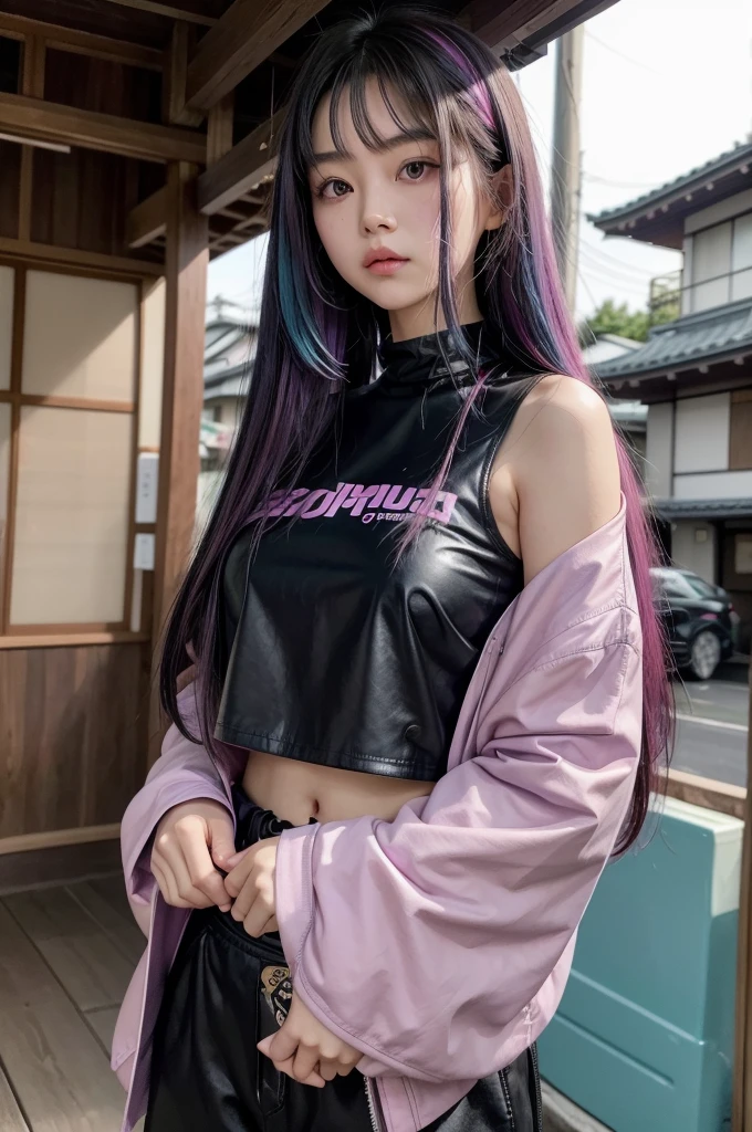 A captivating Japanese girl adorns a unique ensemble, sporting long black hair with eye-catching cyan and purple highlights cascading down her shoulders and framing her face. Sua roupa é composta por um Set of a pink crop top with wide black pants with pink details, wearing a black leather jacket and holding in her delicate hand a traditional and long katana