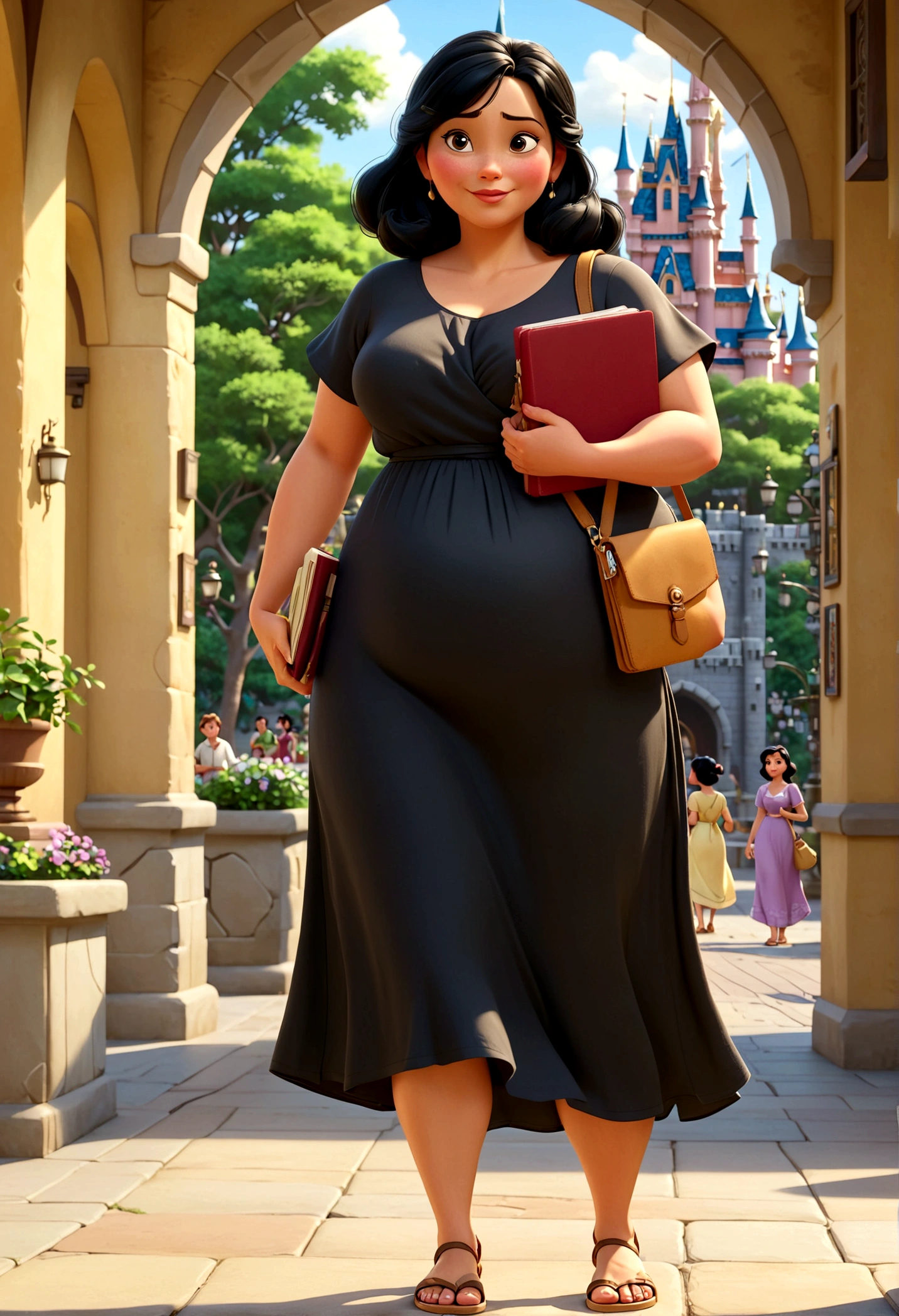 standing alone,1 woman 45 years old, chubby,medium straight black hair, wears side bag and notebook in arms, Wear long dresses without prints,standing,don,sandals,resource, Disney style, Various poses and expressions, 4 positions, all-body, fund