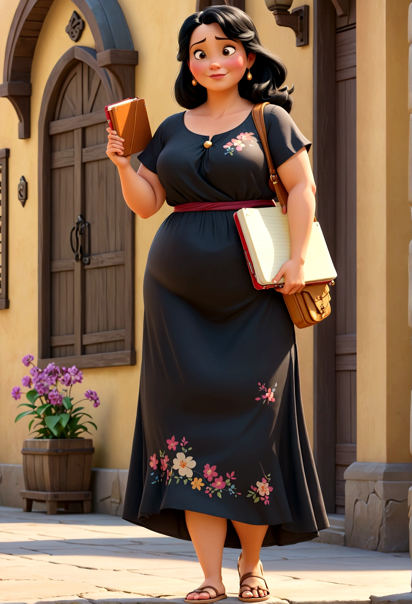 standing alone,1 woman 45 years old, chubby,medium straight black hair, wears side bag and notebook in arms, Wear long dresses without prints,standing,don,sandals,resource, Disney style, Various poses and expressions, 4 positions, all-body, fund