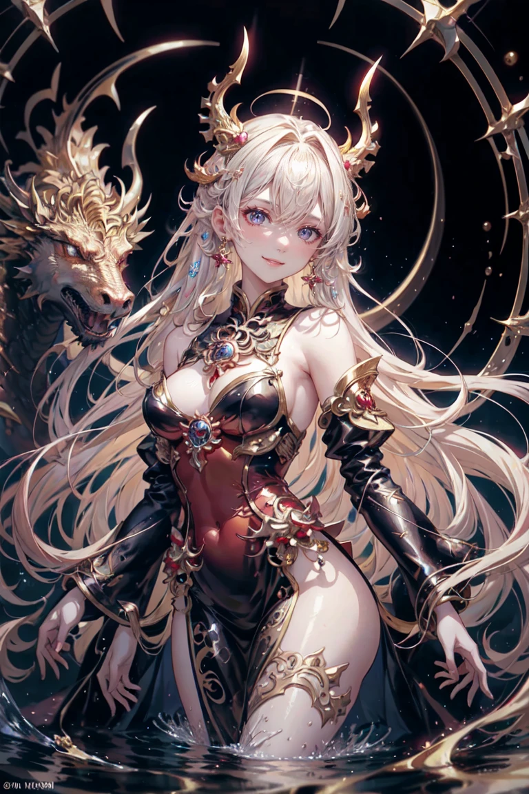sexy anime with long hair and red dress standing in the water with a big golden dragon, 4K anime art wallpaper, 8K anime art wallpaper, anime fantasy artwork, 4k fantasy artwork, 坏蛋动漫8 K, epic anime art, detailed art of onmyoji, anime fantasy illustration, inspired by Naomi, 4K anime-style, gold accents