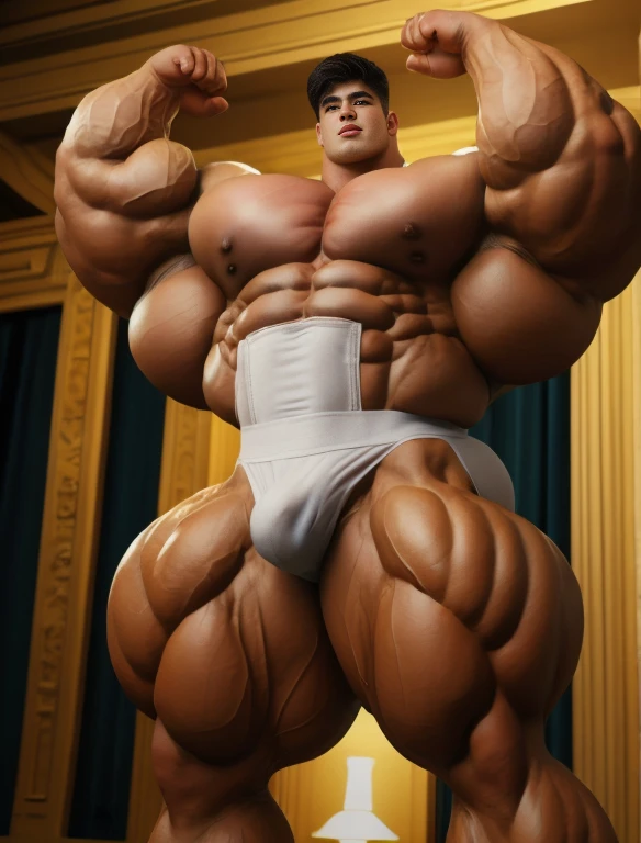 1boy, giant, alone, giant bodybuilder, illuminating light, strong body, bulk, large size, standing, flexing up his biceps, armpit, with pageant show led stage, indoor, nude, white triangular underwear, thick bulge, scratch his bulge, wear a medals, extraordinary big, brutalmass, giant muscular body, bulk, buff, massive body, large meaty body size, extremely wide body
