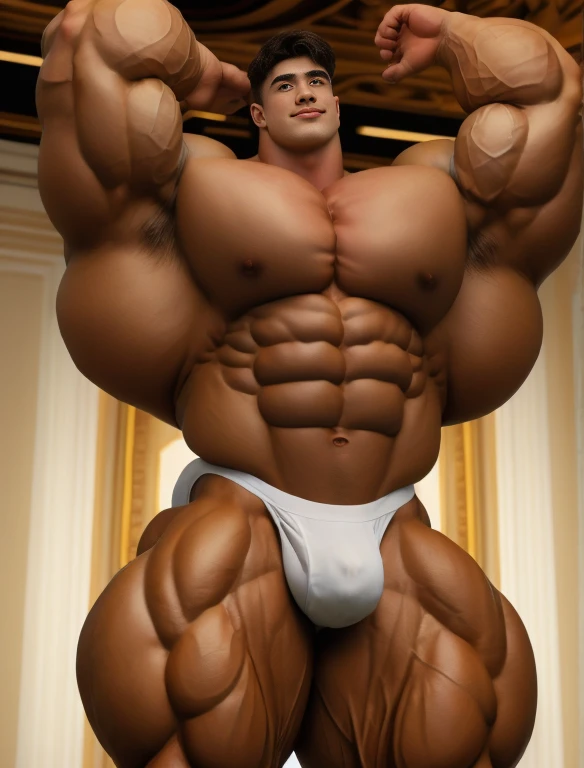 1boy, giant, alone, giant bodybuilder, illuminating light, strong body, bulk, large size, standing, flexing up his biceps, armpit, with pageant show led stage, indoor, nude, white triangular underwear, thick bulge, scratch his bulge, wear a medals, extraordinary big, brutalmass, giant muscular body, bulk, buff, massive body, large meaty body size, extremely wide body