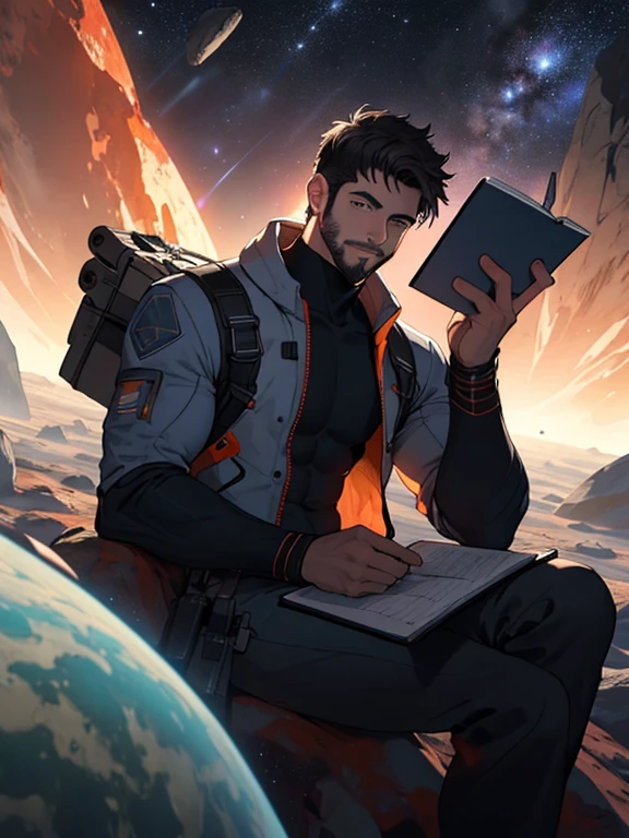Draw a young programmer, sitting on a research platform floating in the middle of an asteroid belt. He is studying with a notebook, surrounded by several asteroids glowing with fiery auras. Dramatic lighting from distant stars and planets illuminates the scene, casting deep shadows on the suit. The young man looks confident and determined, looking at the vast and mysterious universe with wonder and respect,facial hair, cowboy shot,