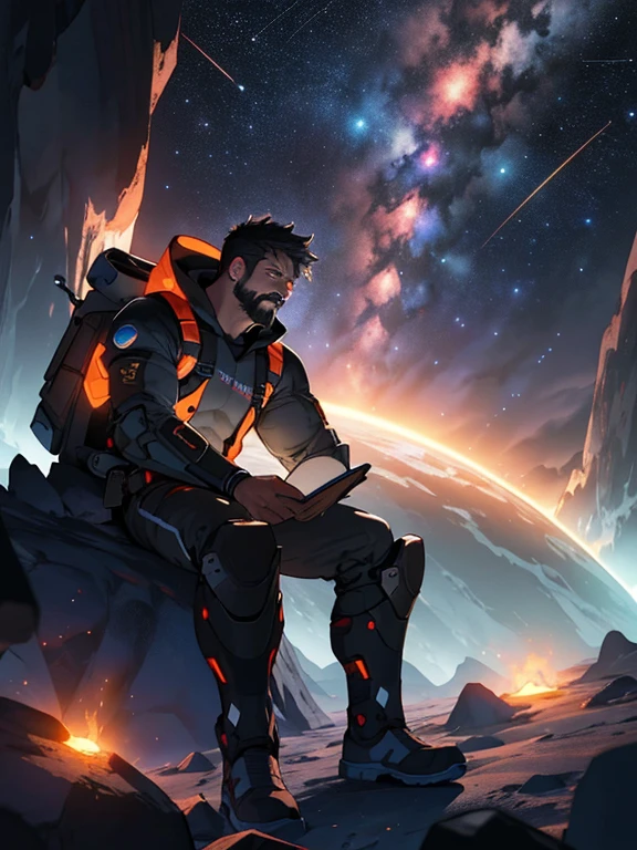 Draw a young programmer, sitting on a research platform floating in the middle of an asteroid belt. He is studying with a notebook, surrounded by several asteroids glowing with fiery auras. Dramatic lighting from distant stars and planets illuminates the scene, casting deep shadows on the suit. The young man looks confident and determined, looking at the vast and mysterious universe with wonder and respect,facial hair, cowboy shot,