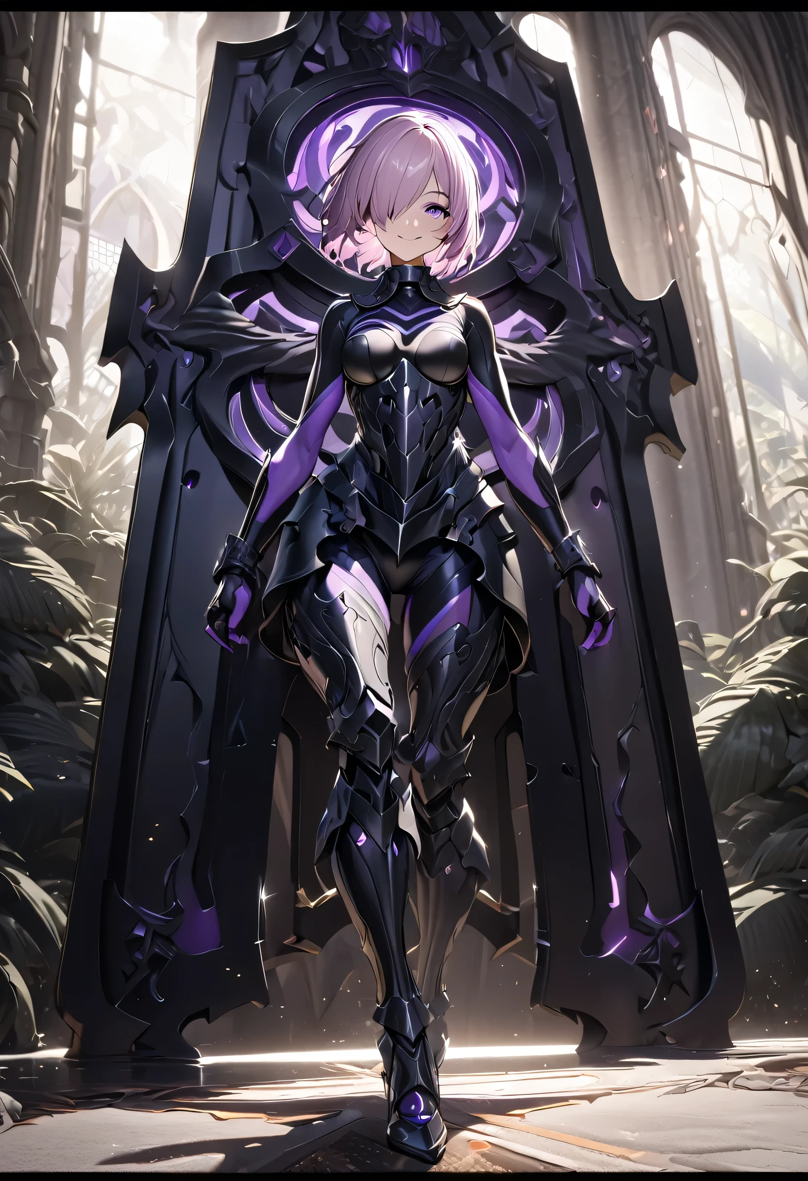 full body, masterpiece, best quality, 1girl, (detailistic), dark armor, dark cross shield, mash kyrielight, light purple hair, short hair, hair over one eye, smile, slim body, detailed eyes, ultra-detailed, hyper-realistic, 8k, cinematic lighting, dramatic lighting, dramatic atmosphere, intricate details, exquisite details, flawless skin, beautiful face, elegant pose, powerful presence, captivating expression, vibrant colors, stunning contrast