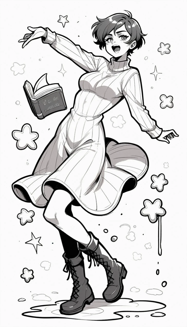 black and white, line art, no shading, full body, live2D character, pixie hair, skinny, dancing, medium breasts, sweater, spooky dress, boots, snow effects, coloring book style, sketch,ink drawing, outlines. good anatomical hands