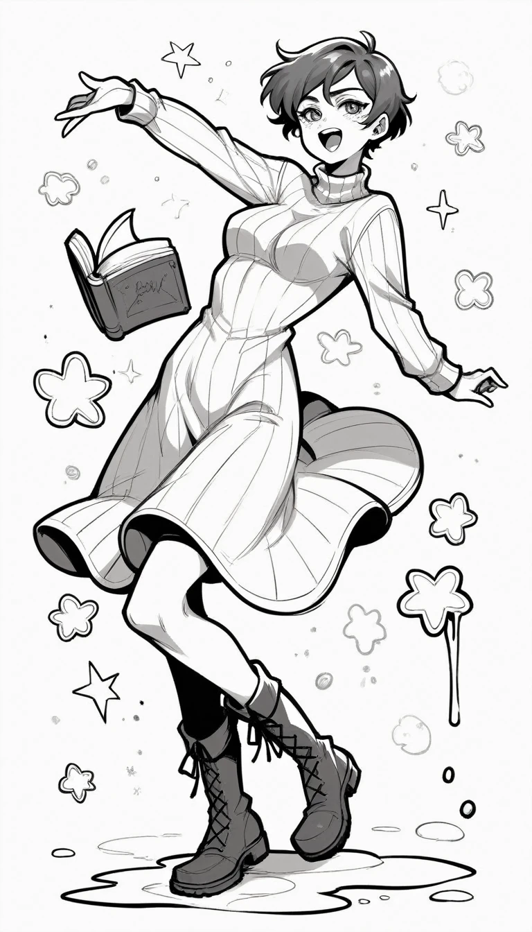 black and white, line art, no shading, full body, live2D character, pixie hair, skinny, dancing, medium breasts, sweater, spooky dress, boots, snow effects, coloring book style, sketch,ink drawing, outlines. good anatomical hands