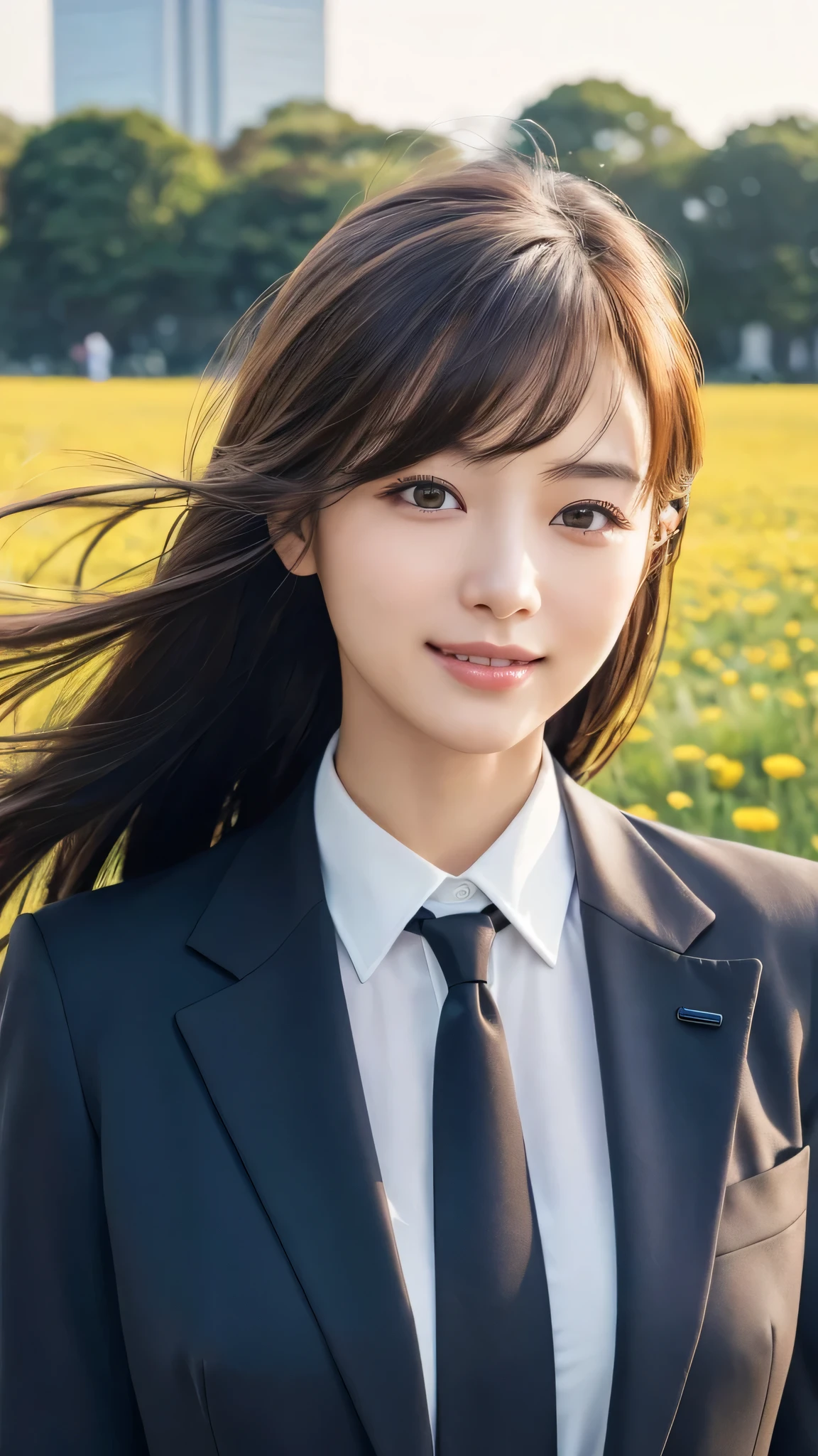 highest quality、genuine、Super detailed、finely、High resolution、8k wallpaper、one beautiful woman、、、light brown disheveled hair、wearing a business suit、sharp focus、perfect dynamic composition、beautiful and detailed eyes、thin hair、Detailed genuine skin texture、smile、model body shape、In Tokyo at morning、In a windswept meadow