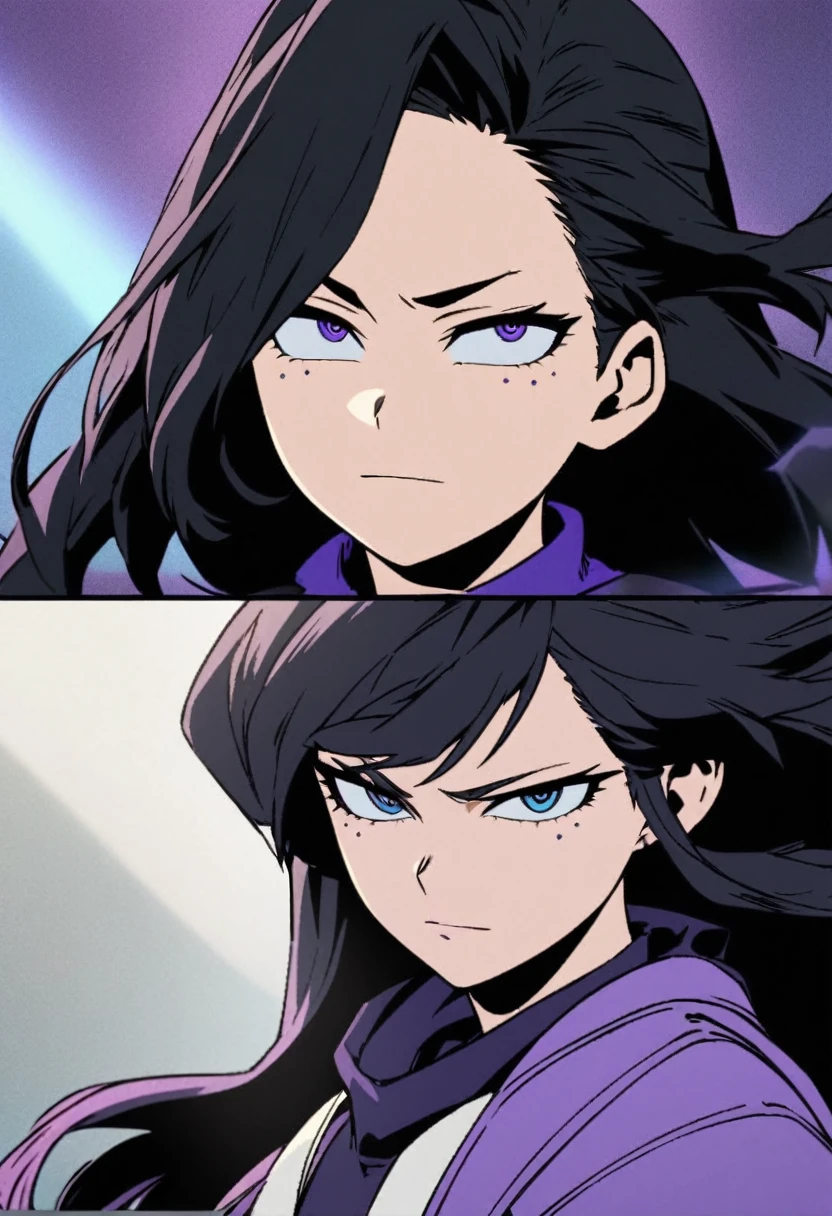 Screenshot of My Hero Academia, a girl with , long hair, almost black, blue with purple reflections., with sapphire blue eyes and purple shadow with long eyelashes slanted eyes a serious look of contempt with purple freckles and with a slight smile using the boku no hero academia UA style