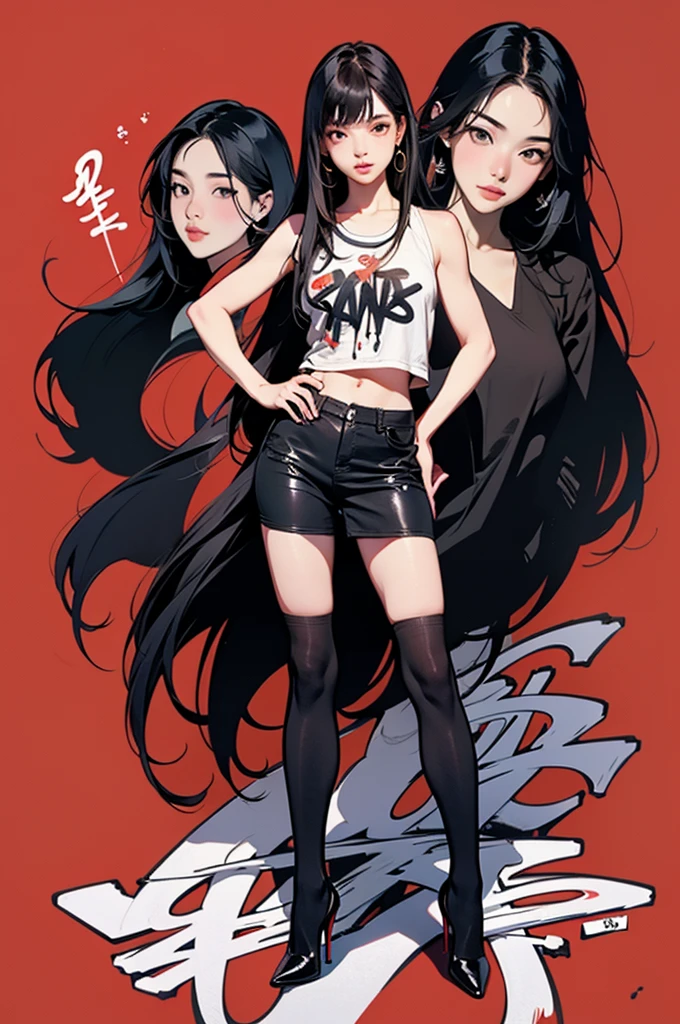 ((masterpiece, high quality, best quality, 8k, wallpaper, detailed, realistic)), 2girls, korean popstar, thighhighs, high heels, long legs, black hair, pretty hands, fringe, full body, (multiple girls:1.4), simple red background, palm trees,  (graffiti wall:1.2), muscular, strong, courageous 