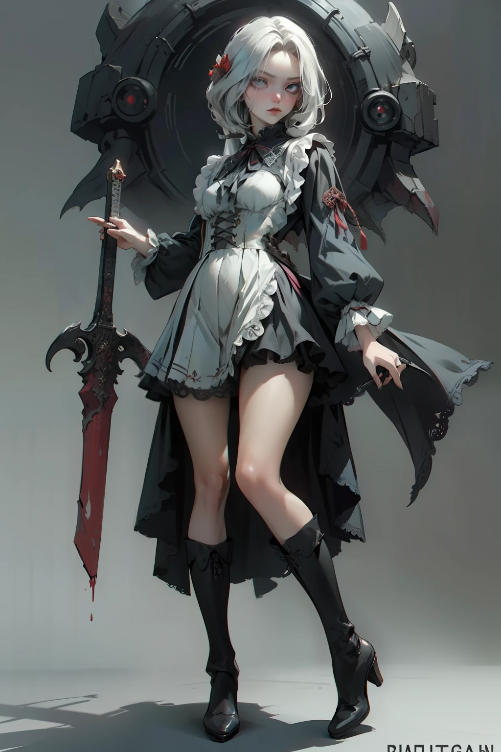 ((best quality)), ((masterpiece)), (detailed), blank white background, plain background, white background, red and white clothing, Bloodborne inspired,  occult aesthetic, occult, detailed and intricate steampunk and detailed gothic, NSFW, Very dramatic and cinematic lighting, cosmic horror, grim-dark, side-lighting, perfect face, NSFW, Fluttering lace flared long knee length dress with frilly petticoats, knee length dress, pleated petticoats, lolita dress, petticoats gothic lolita, complex lace boots, side-lighting, gothic lolita aesthetic, wielding a mighty sword with mechanical components, carbine, NSFW, beautiful small breasts, small breasts, full body, whole body, body, plain background, white background, blank background, no background, white background NSFW, full body, whole body, head-to-toe NSFW
