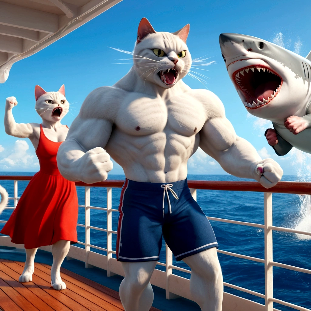 muscular cat punches the shark