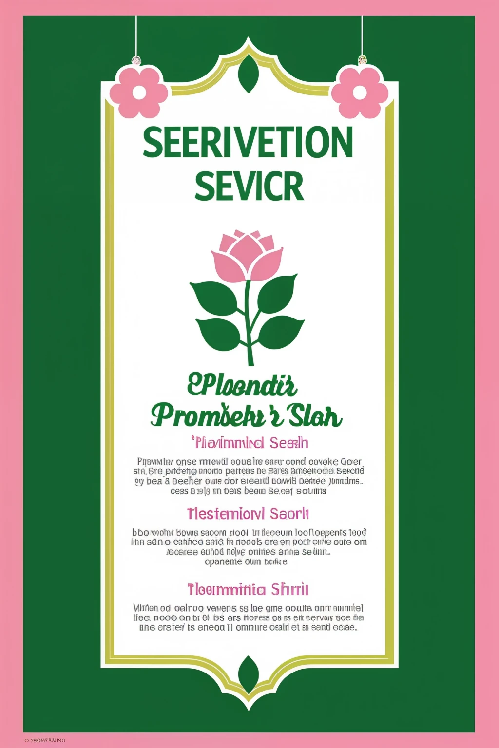 Poster with information about services of a beauty salon, The poster must be decorated with plants and some flowers but NOT pink or pink.