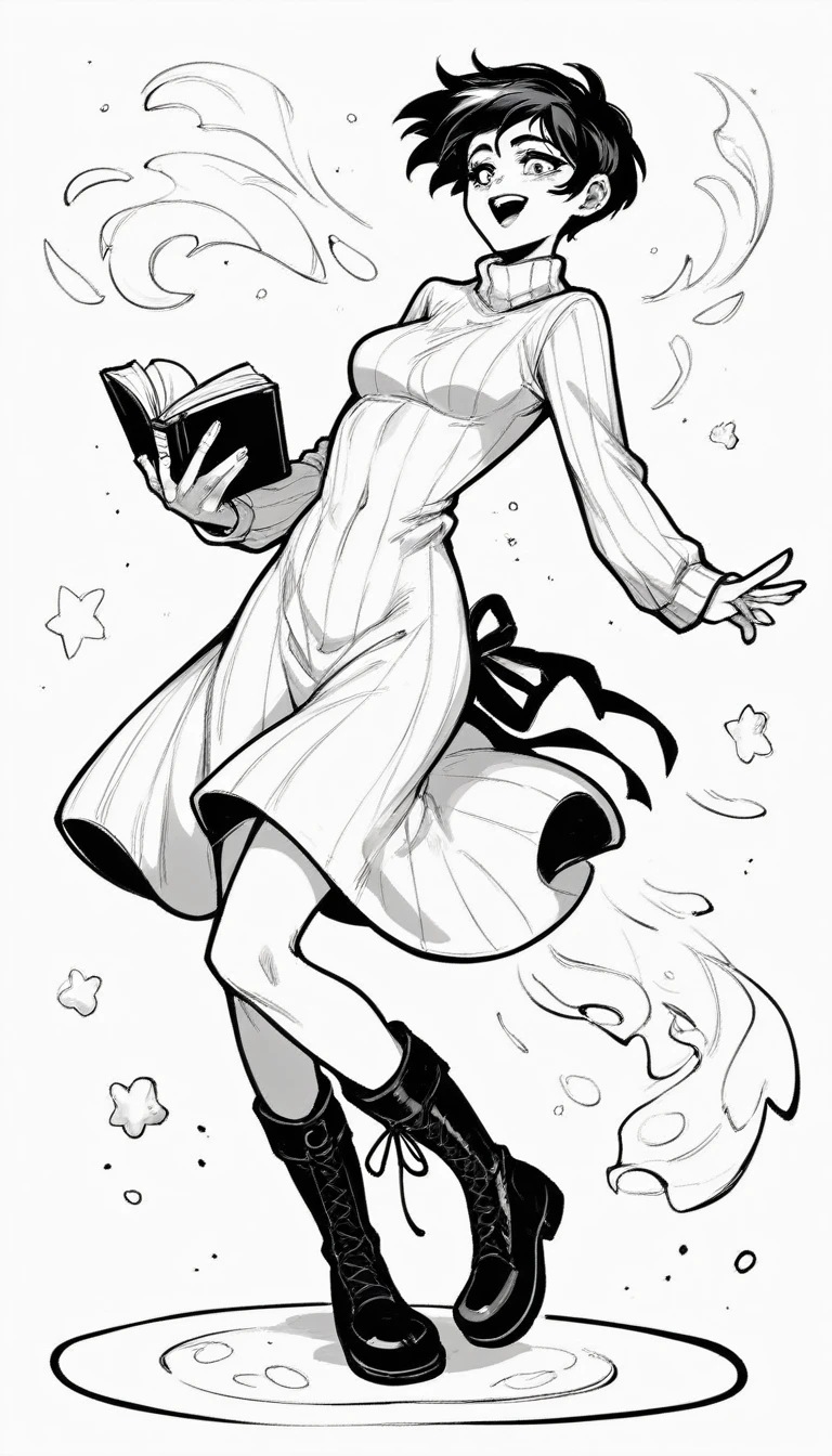 black and white, line art, no shading, full body, live2D character, pixie hair, skinny, dancing, medium breasts, sweater, spooky dress, boots, snow effects, coloring book style, sketch,ink drawing, outlines. good anatomical hands