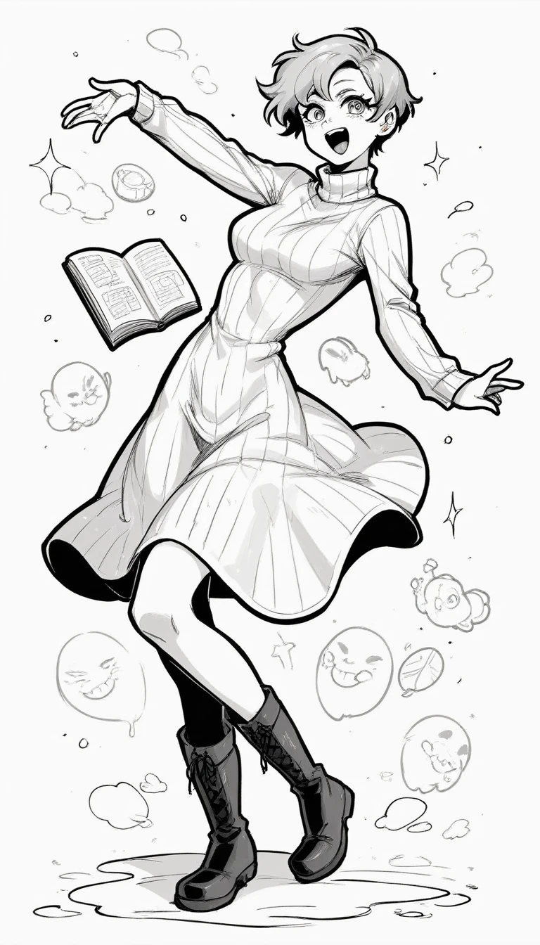 black and white, line art, no shading, full body, live2D character, pixie hair, skinny, dancing, medium breasts, sweater, spooky dress, boots, snow effects, coloring book style, sketch,ink drawing, outlines. good anatomical hands