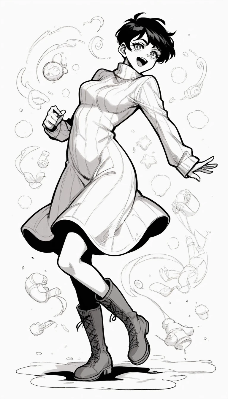 black and white, line art, no shading, full body, live2D character, pixie hair, skinny, dancing, medium breasts, sweater, spooky dress, boots, snow effects, coloring book style, sketch,ink drawing, outlines. good anatomical hands