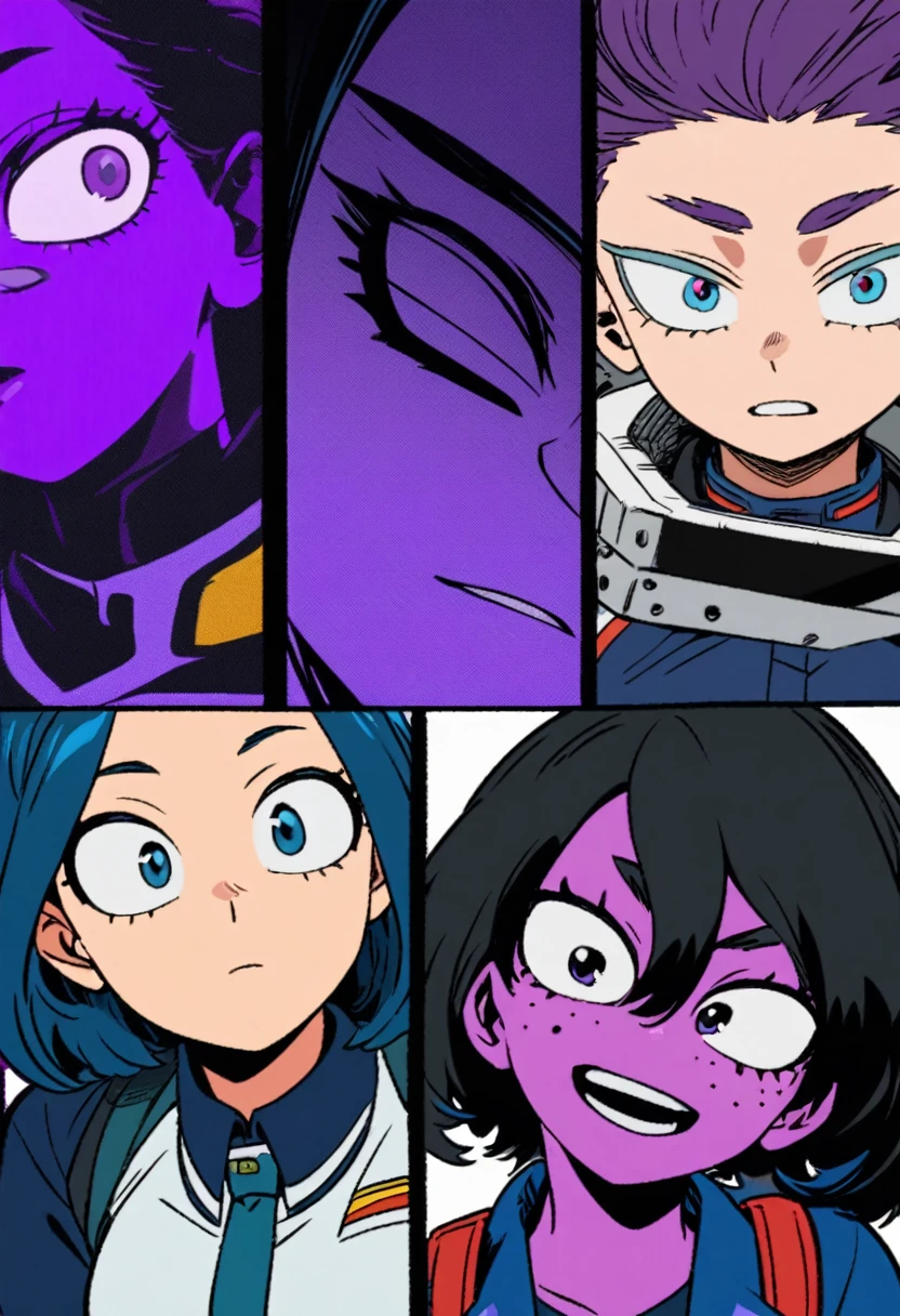 Screenshot of My Hero Academia, a mexican girl with , wide, almost black, blue with purple reflections., with sapphire blue eyes and purple shadow with long eyelashes and slanted eyes with purple freckles and wearing the boku no hero academia style and the UA uniform