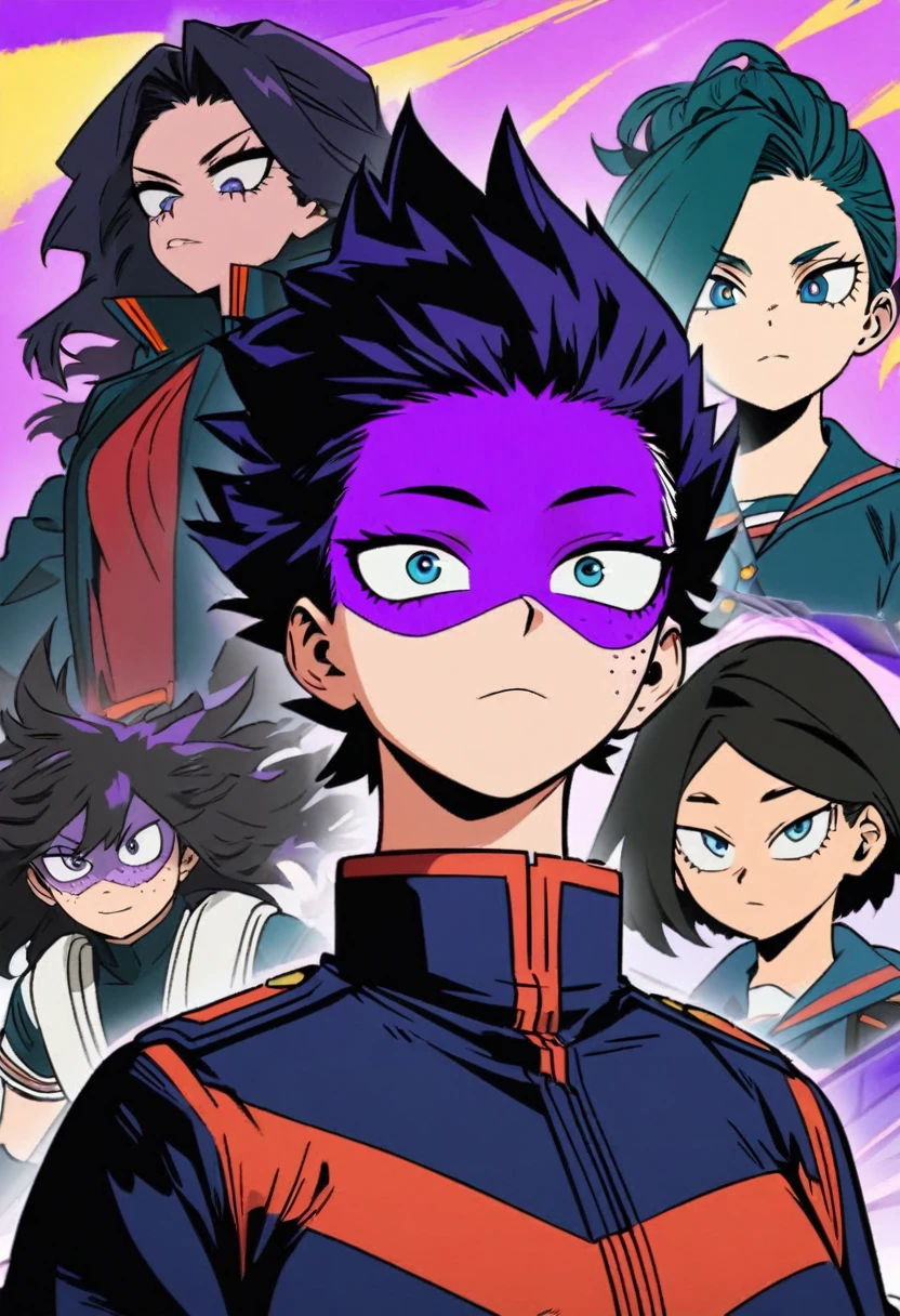 Screenshot of My Hero Academia, a mexican girl with , wide, almost black, blue with purple reflections., with sapphire blue eyes and purple shadow with long eyelashes and slanted eyes with purple freckles and wearing the boku no hero academia style and the UA uniform