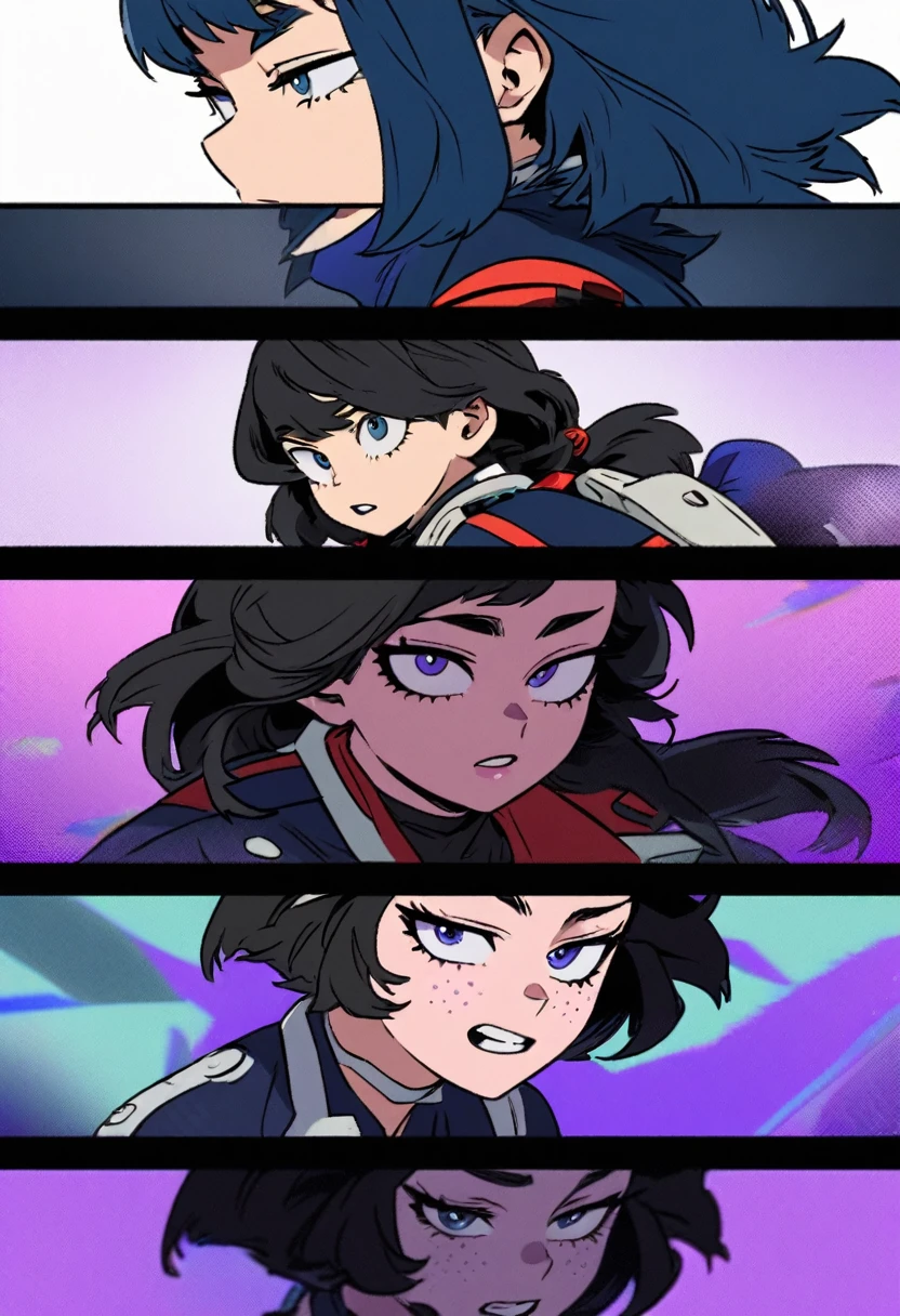 Screenshot of My Hero Academia, a mexican girl with , wide, almost black, blue with purple reflections., with sapphire blue eyes and purple shadow with long eyelashes and slanted eyes with purple freckles and wearing the boku no hero academia style and the UA uniform