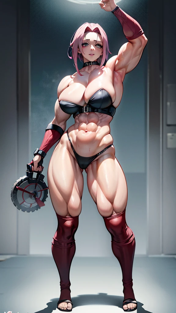 ((bloodstains)), ((respingos de bloodstains)), ((bloodstains nas roupas)), ((mancha de bloodstains)), hospital, (nurse uniform), (has an electric saw), (zombie's), absurderes, foto RAW, extremely delicate and beautiful, Masterpiece artwork, muscular woman, Aparencia Sakura Haruno, extremamente musculosa extremely large physique, extremely muscular legs, extremely muscular arms, Sakura Haruno from Naruto,extremely large physique, very muscular,best qualityer, ultra-high resolution, 32k, hyper realist, ultra-detailed, Detailed Description, skin fair, 20 year, crying mole, 耳环, Colossal, short medium hair, wavyhair, evil smile, full body shot, sakura haruno, bloodstains, muito bloodstains,