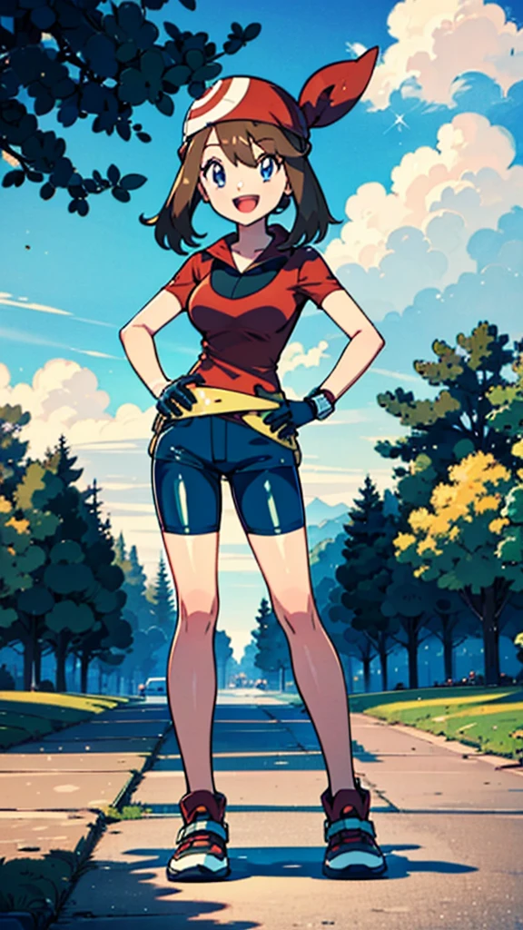 4k, girl, masterpiece, best quality, highres, ro1, May from pokemon, blue eyes, red top, blue bicycle shorts, wristwatch, standing, hand on hip, smile, open mouth, (sparkle:1.1), brown hair, medium breasts, 3/4 body view, outdoors, summer, white and blue gloves, hyperrealism, Summer, Trees, red bandana,