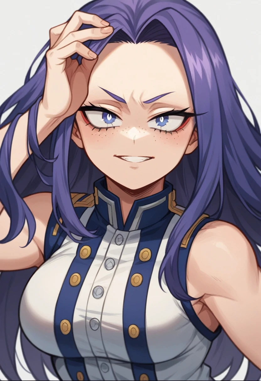 Screenshot of My Hero Academia, a girl with , long hair, almost black, blue with purple reflections., with sapphire blue eyes and purple shadow with long eyelashes slanted eyes a serious look of contempt with purple freckles and with a slight smile using the boku no hero academia UA style