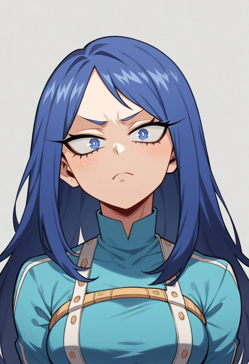 Screenshot of My Hero Academia, a girl with , long hair, almost black, blue with purple reflections., with sapphire blue eyes and purple shadow with long eyelashes slanted eyes a serious look of contempt with purple freckles and with a slight smile using the boku no hero academia UA style