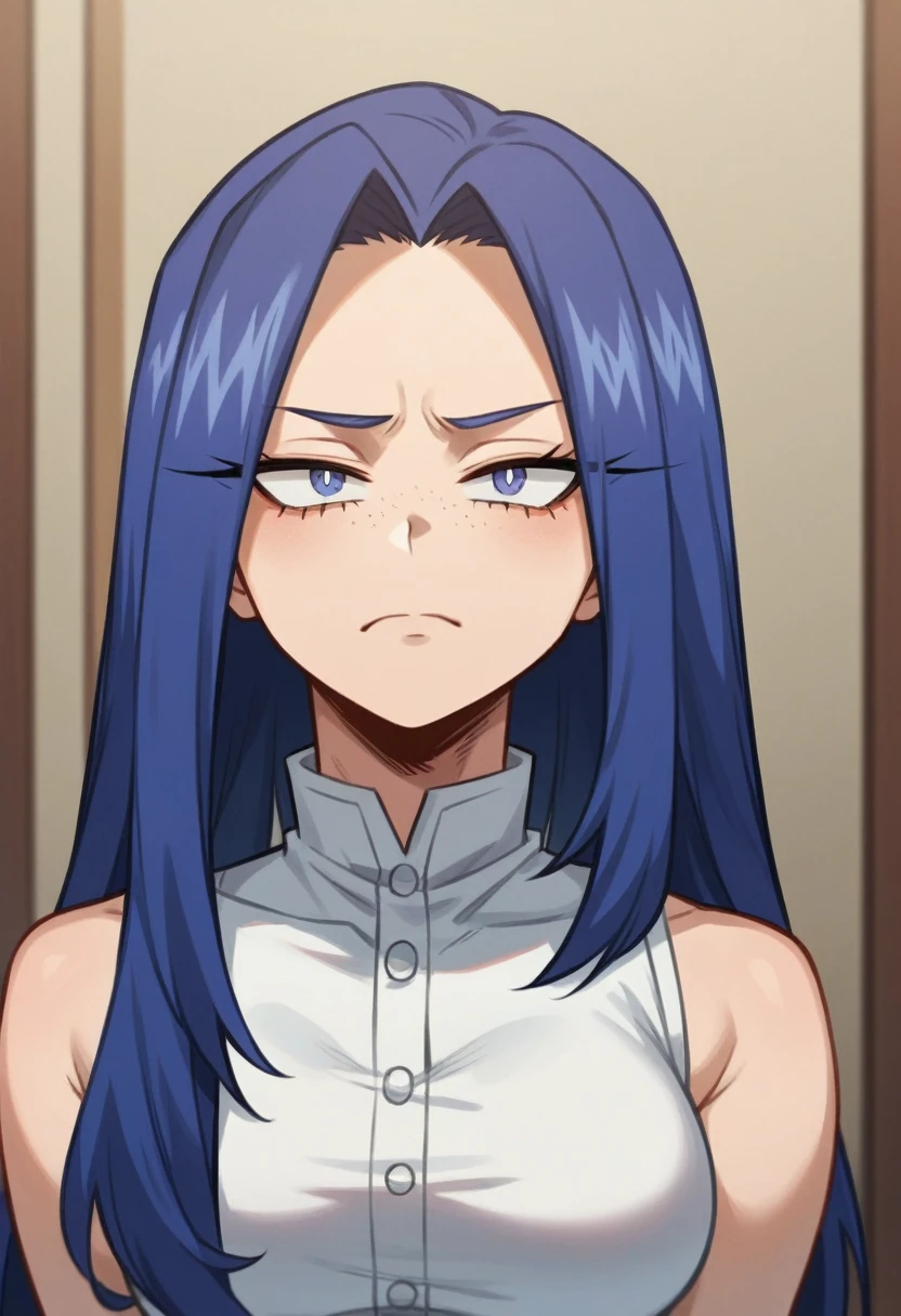 Screenshot of My Hero Academia, a girl with , long hair, almost black, blue with purple reflections., with sapphire blue eyes and purple shadow with long eyelashes slanted eyes a serious look of contempt with purple freckles and with a slight smile using the boku no hero academia UA style