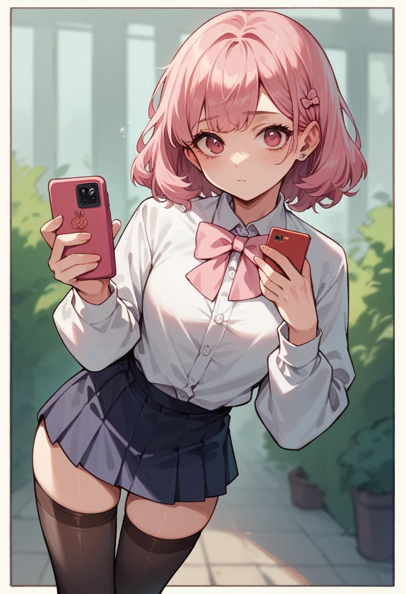 1girl, [raspberry color], looking suspiciously towards the left, holding the phone with right hand away from face, phone pointed where she is looking, short skirt, thigh highs, light pink bows, nighttime background