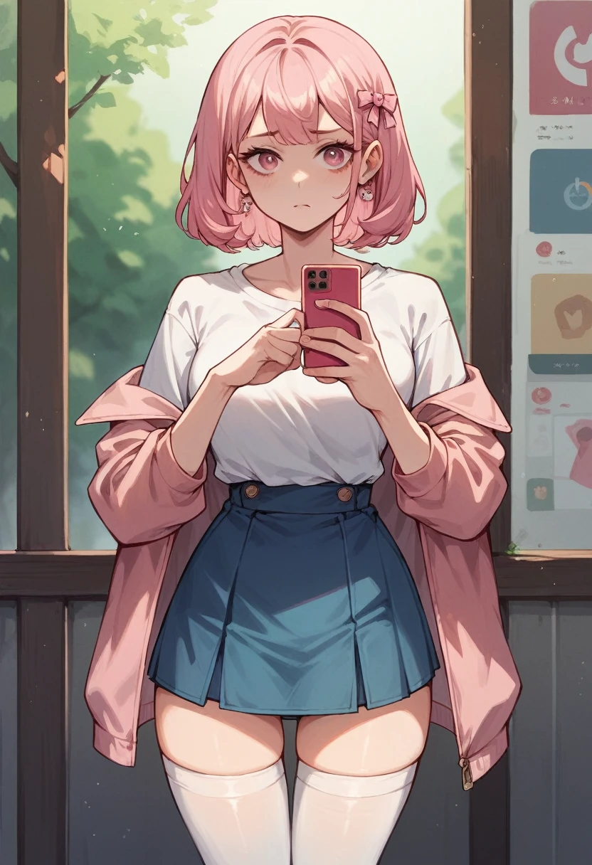 1girl, [raspberry color], looking suspiciously towards the left, holding the phone with right hand away from face, phone pointed where she is looking, short skirt, thigh highs, light pink bows, nighttime background