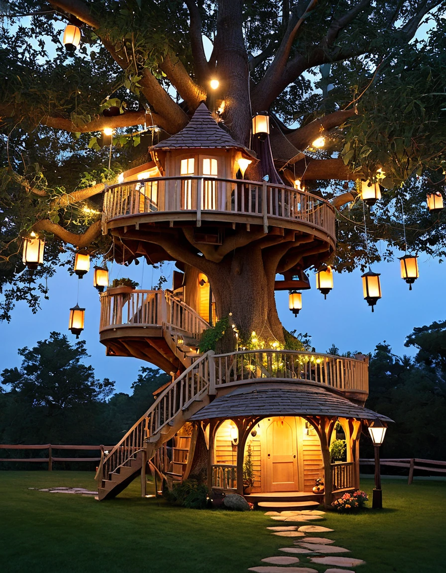 Design a whimsical treehouse with multiple floors and balconies, built into a large tree. Include glowing lanterns and vibrant greenery for a magical effect.