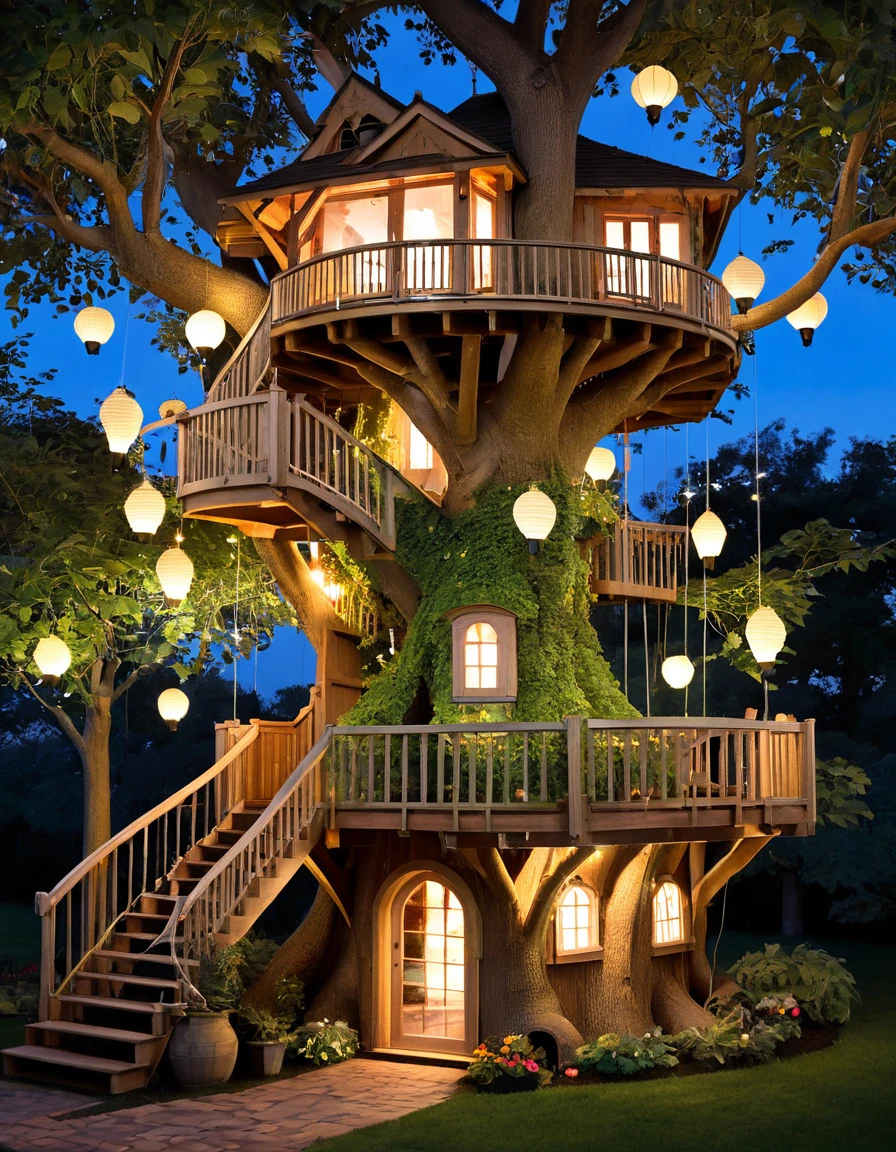 Design a whimsical treehouse with multiple floors and balconies, built into a large tree. Include glowing lanterns and vibrant greenery for a magical effect.