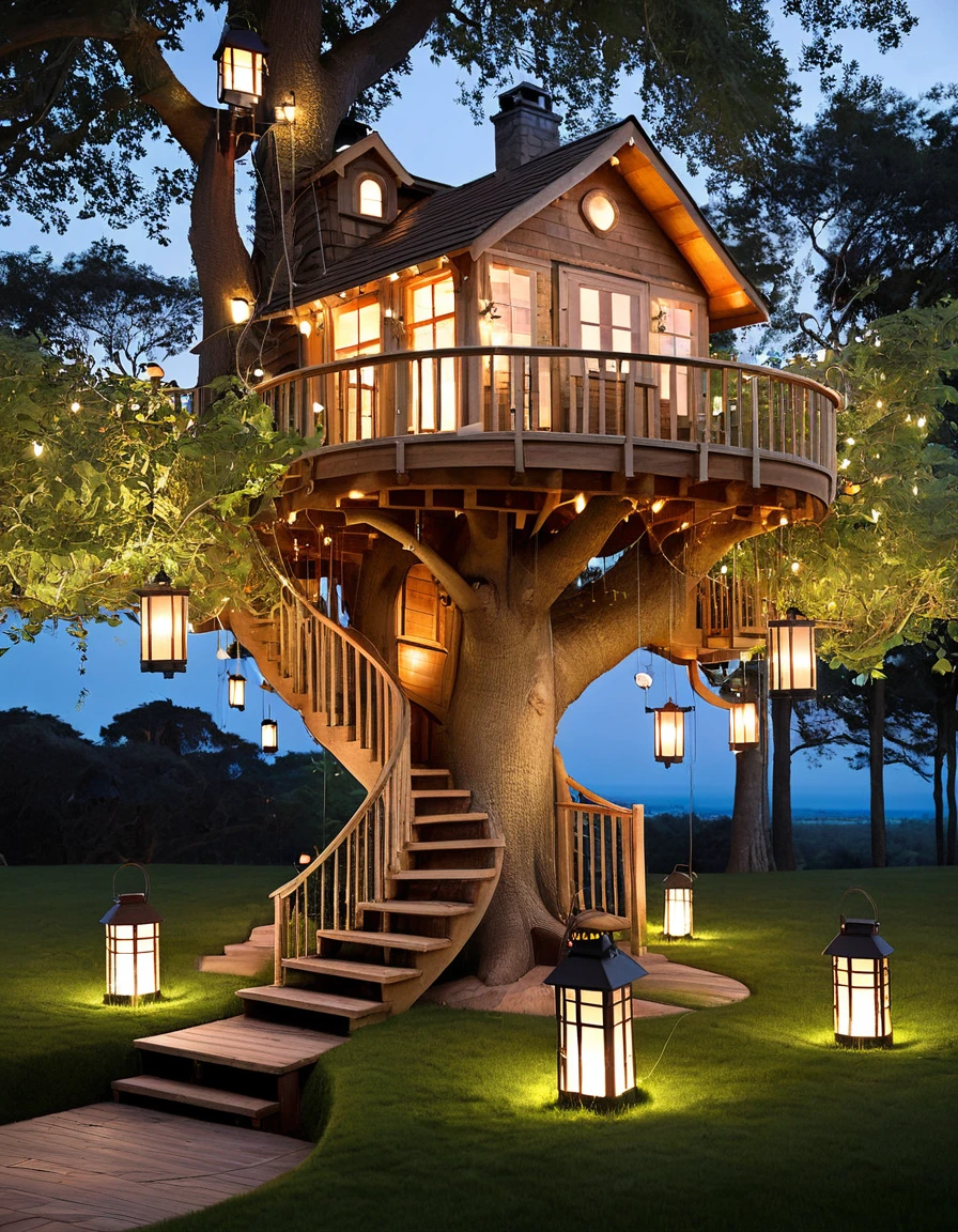 Design a whimsical treehouse with multiple floors and balconies, built into a large tree. Include glowing lanterns and vibrant greenery for a magical effect.