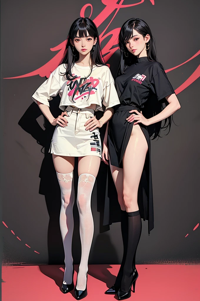 ((masterpiece, high quality, best quality, 8k, wallpaper, detailed, realistic)), 2girls, korean popstar, thighhighs, high heels, long legs, black hair, pretty hands, fringe, full body, (multiple girls:1.4), simple red background, palm trees,  (graffiti wall:1.2), muscular, strong, courageous 