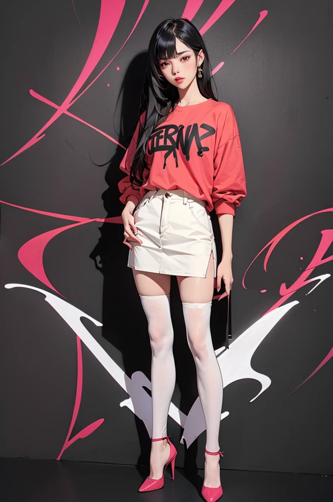 ((masterpiece, high quality, best quality, 8k, wallpaper, detailed, realistic)), 2girls, korean popstar, thighhighs, high heels, long legs, black hair, pretty hands, fringe, full body, (multiple girls:1.4), simple red background, palm trees,  (graffiti wall:1.2), muscular, strong, courageous 