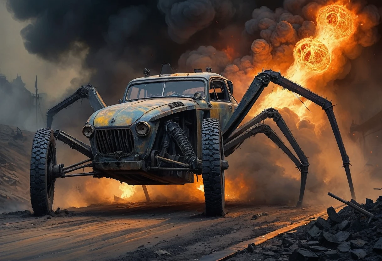 concept art, car_ walker Clockworkspider from the First World War. Oil painting trend, muted colors, slate tones, brush strokes, puffy marks, hydraulics, sharp areas next to smooth, dark next to light, soft next to hard, explosion of colorful paint, ridges of thick paint creating shadows and thick texture. . , smoky grainy areas next to smooth open areas, a sense of three-dimensionality, abstraction of detail in color and shape, ((oily texture with clumps of paint)). . magnificent, heavenly, evil, cinematic, epic, majestic, magical, fantasy photos, covers, gritty and realistic