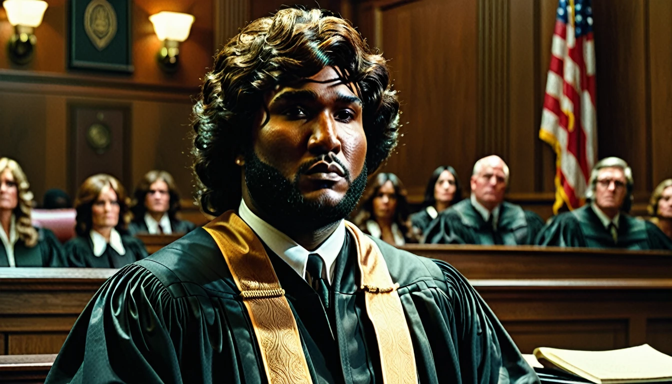 1970s, young jeezy in judge's robe and wig in courtroom,elegant formal attire, serious expression, hyper realistic, cinematic lighting, dramatic shadows, highly detailed, photorealistic, 8k, highest quality, intricate details, chiaroscuro lighting, dramatic pose, impeccable textures, masterpiece, stunning clarity, vivid colors, cinematic composition