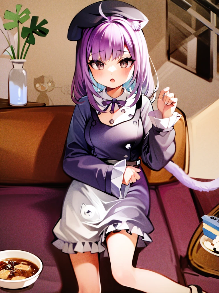 <lora:BErn1060_5000:1>, 1girl, frederica bernkastel, alcohol, blue hair, blunt bangs, bow, cat tail with bow, dress, drink, drinking glass, glass, kneehighs, long hair, purple eyes, ribbon, shoes, solo,tail ornament, tail ribbon, white legwear, wine, wine glass