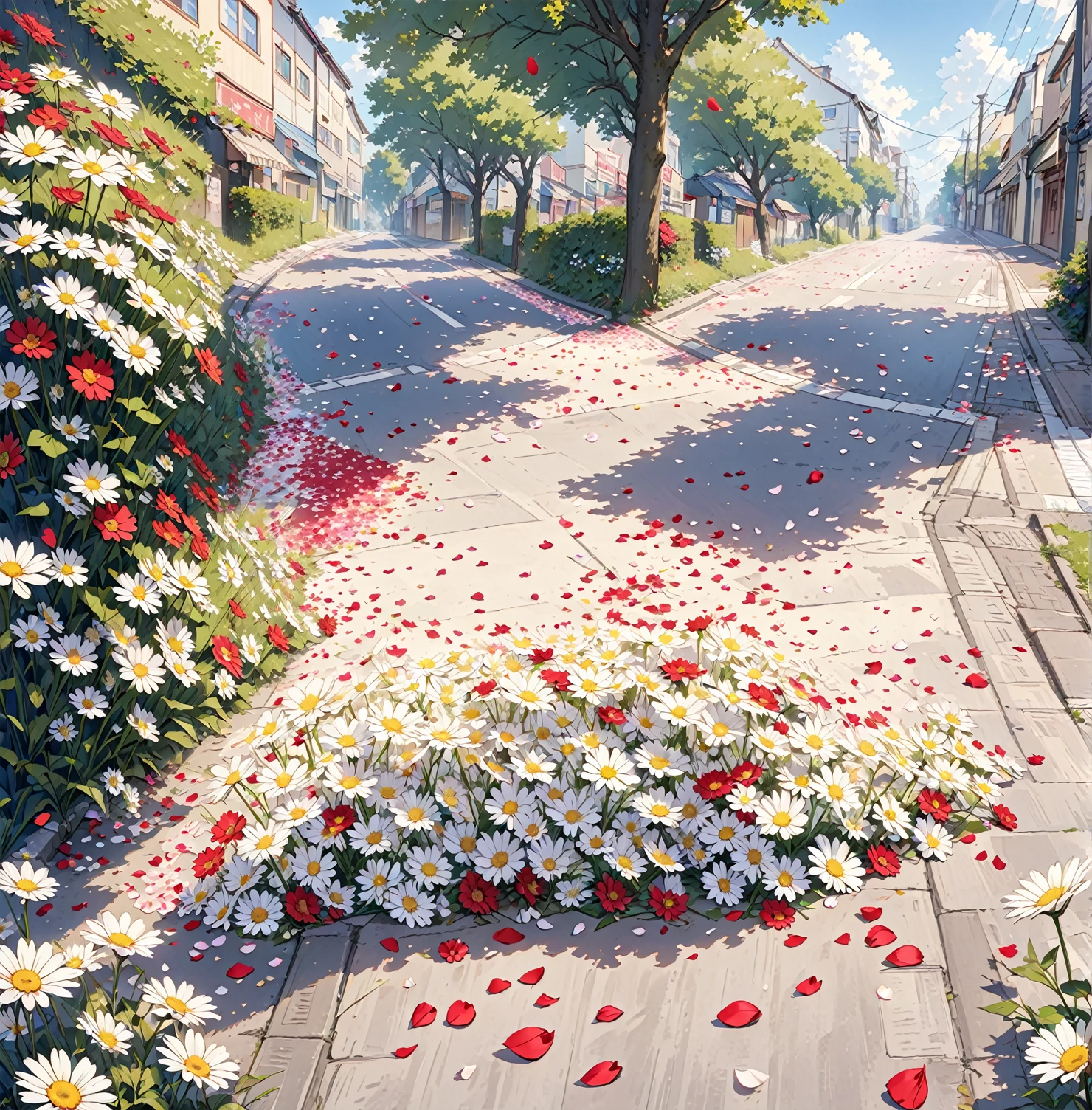 A thousand daisy petals scattered on the ground of a street