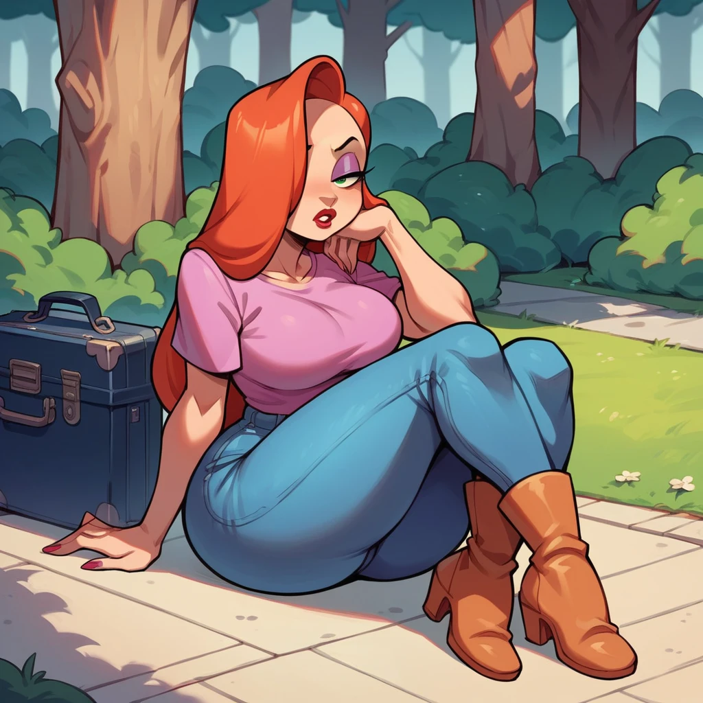 Jessica Rabbit is bored talking to a little fat boy. She wears a pink shirt and jeans and boots, she has big tits and a big ass, he is happy and has a suitcase full of bills, park