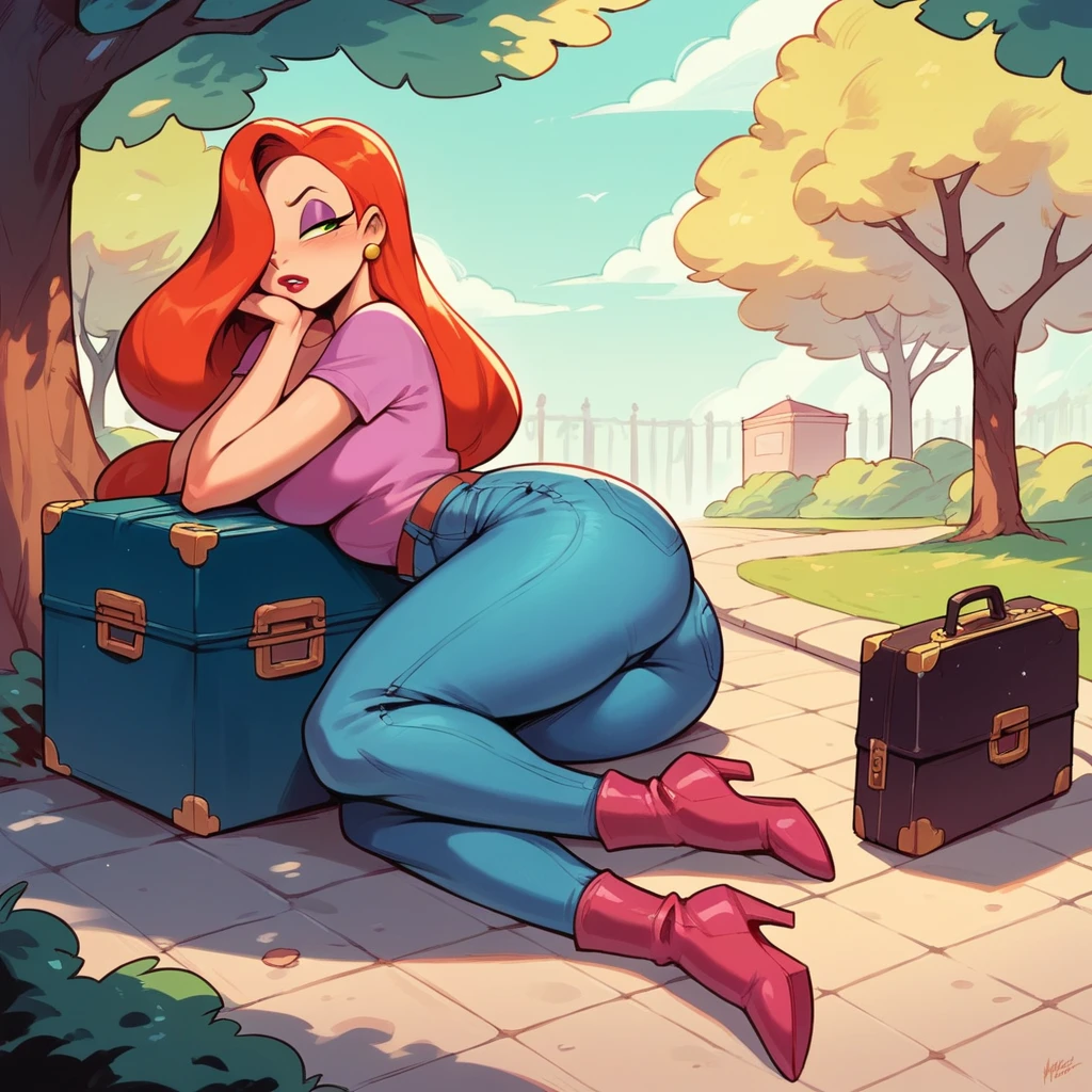 Jessica Rabbit is bored talking to a little fat boy. She wears a pink shirt and jeans and boots, she has big tits and a big ass, he is happy and has a suitcase full of bills, park
