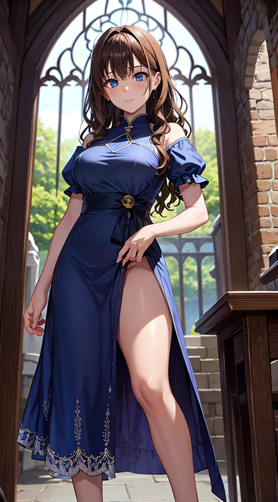 A girl with wavy chestnut hair。blue eyes。A glamorous figure of a 15-year-old、Wearing a medieval dress。