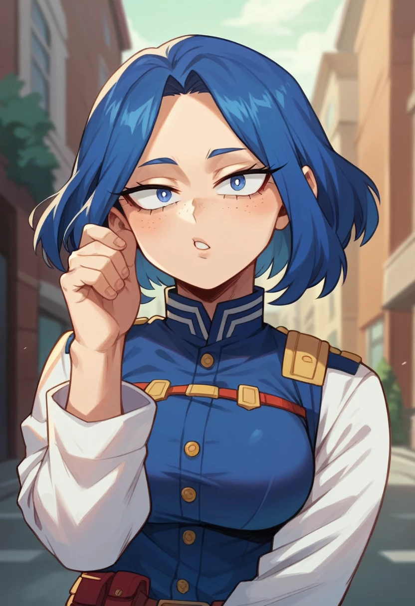 Screenshot of My Hero Academia, a mexican girl with , wide, almost black, blue with purple reflections., with sapphire blue eyes and purple shadow with long eyelashes and slanted eyes with purple freckles and wearing the boku no hero academia style and the UA uniform