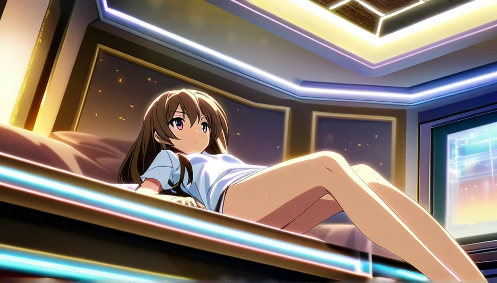 ((Anime Infinite Stratus Art)), 8k, ultra full high definition. The theme is fun at night.  It's night.  The setting is a room, very detailed, the ceiling has friezes with 2800k LED strip, the walls are white.  There is a girl, the focus of the scene, 8 years old, she is short and skinny, brown hair, narrow chest, flat breasts, thin waist, narrow hips, big butt, she is only wearing a long white flowery t-shirt, she is not wearing pants, she is lying down, full body, naughty behavior.  The atmosphere is relaxing.