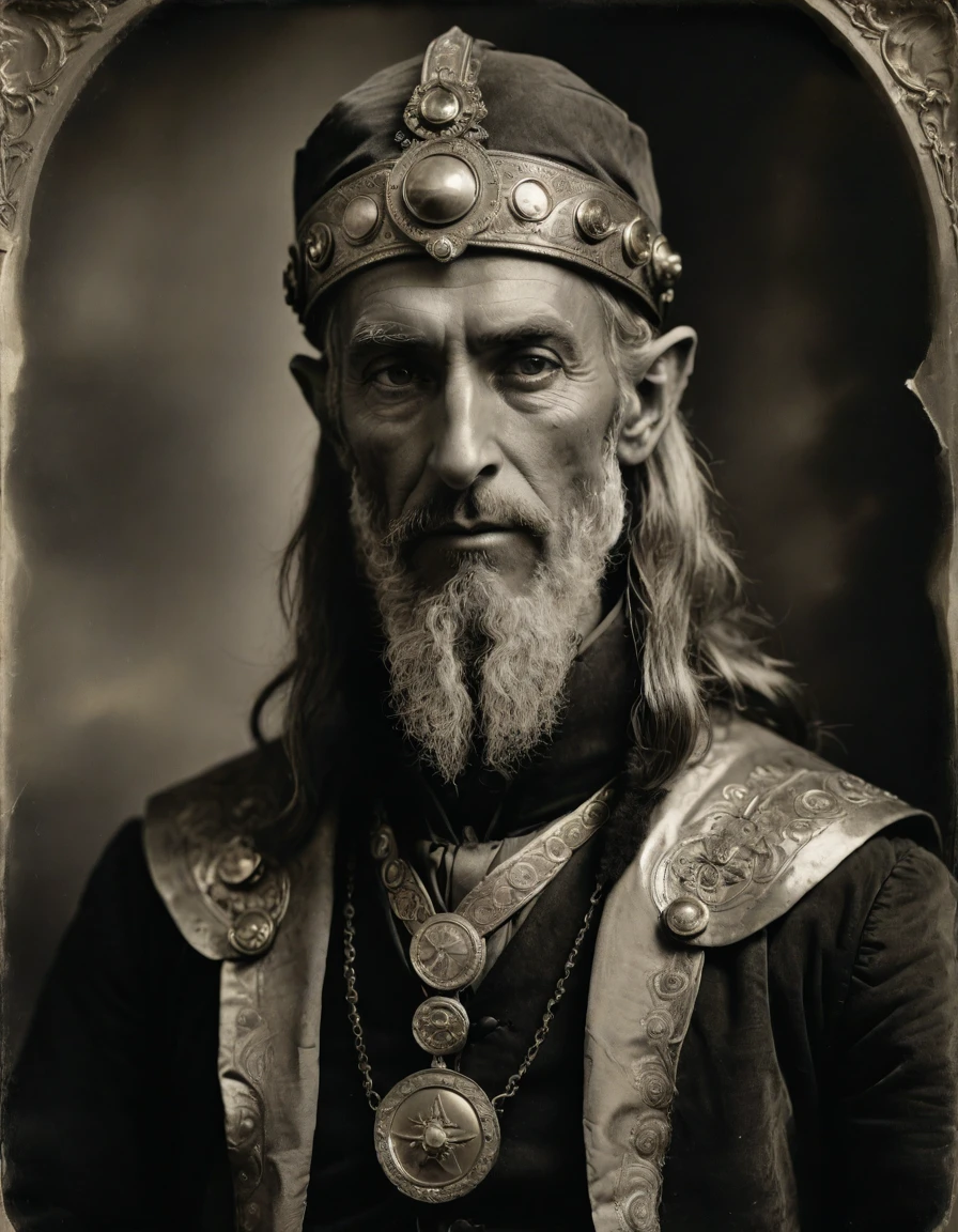 (((Masterpiece, daguerreotype on old paper, monochrome))), by Moebius, by Théodore Géricault, the composition is: ((40 year old male Byzantine high elf scientist, tan, elf ears, Assyrian beard, sullen, magnificent, he is wearing art déco costume with Steampunk elements, sashes, medals, pendants))

